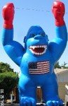 Blue Flag Kong 25ft. cold-air balloon - rental balloons available. Gorilla advertising balloons of many colors and sizes available. BALLOONS FOR RENT!
