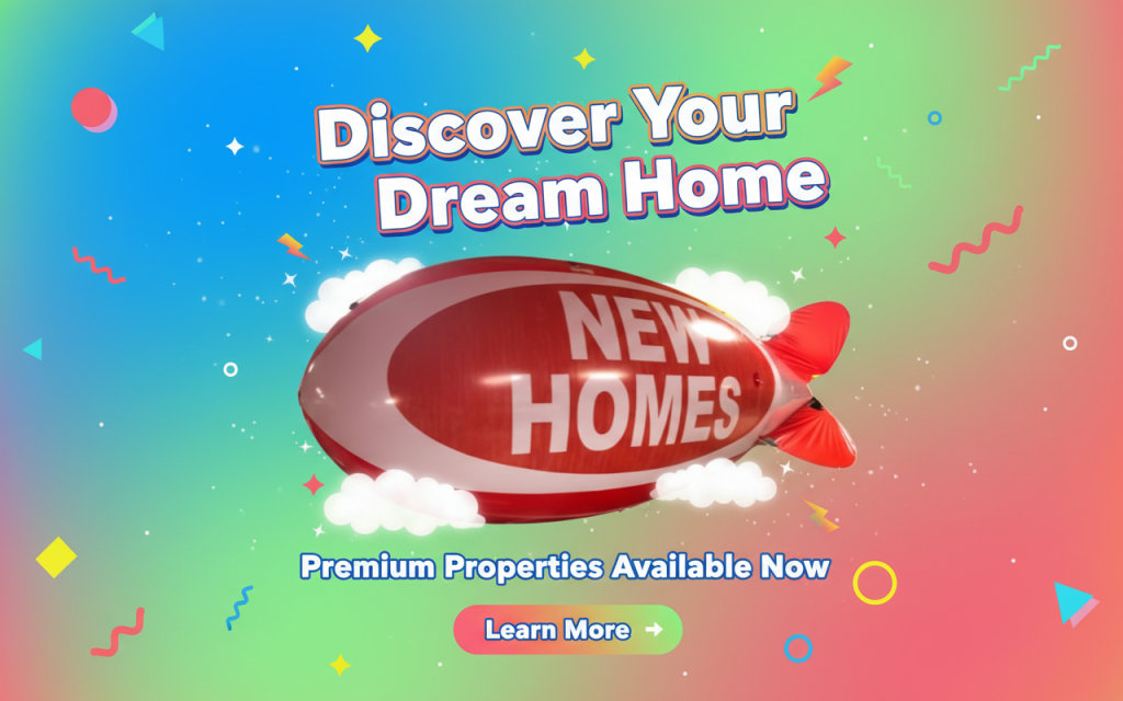 Advertising blimps for new homes marketing - 13ft red/white blimp with NEW HOMES lettering
