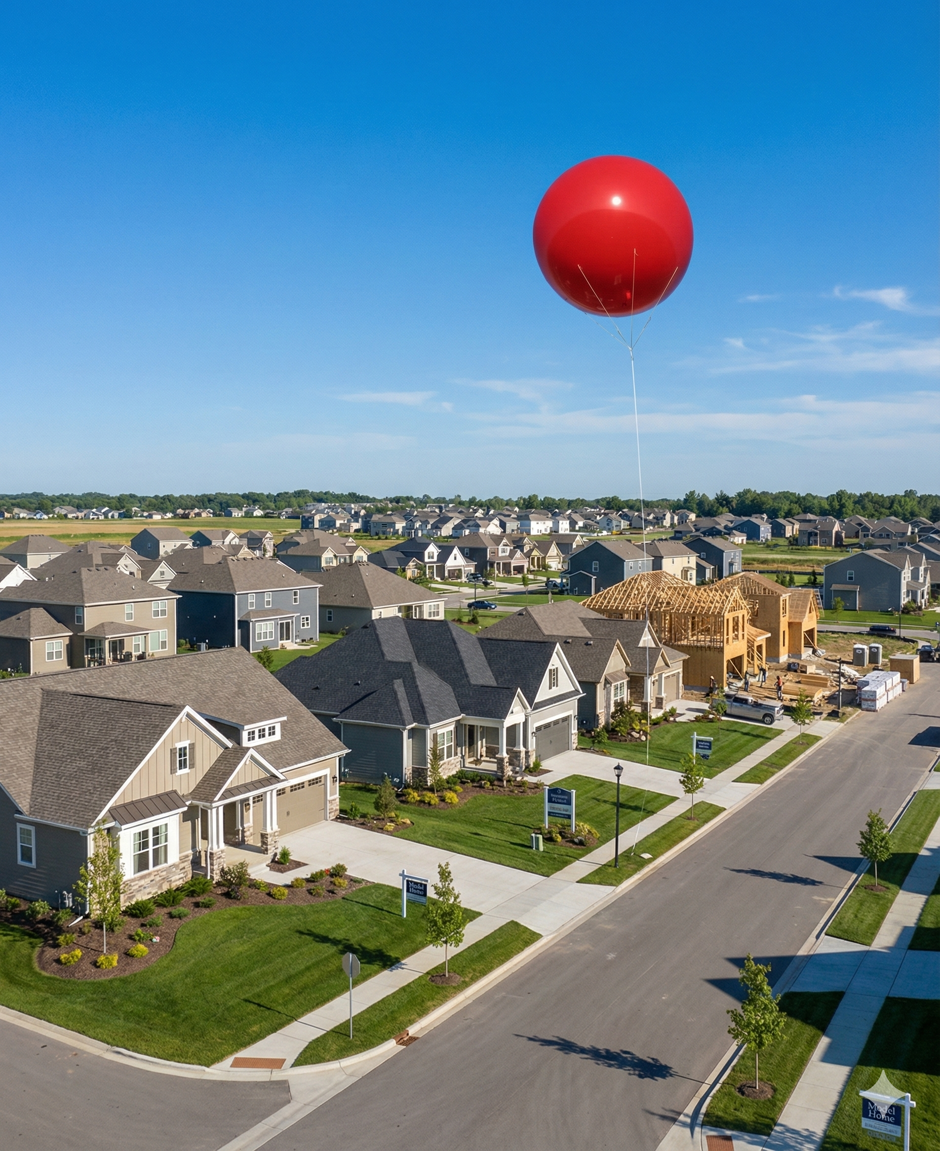 Red tethered helium balloon over new model homes community