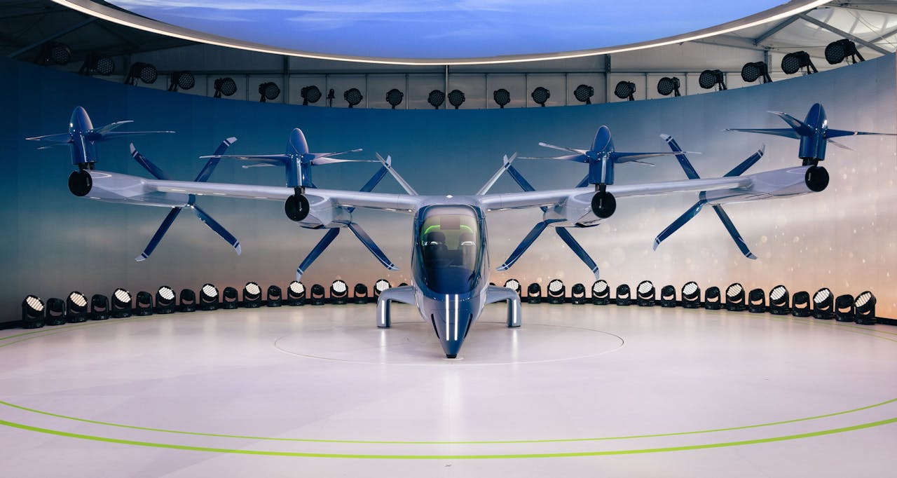 eVTOL air taxi marketing and aerial mobility demonstration over a city skyline
